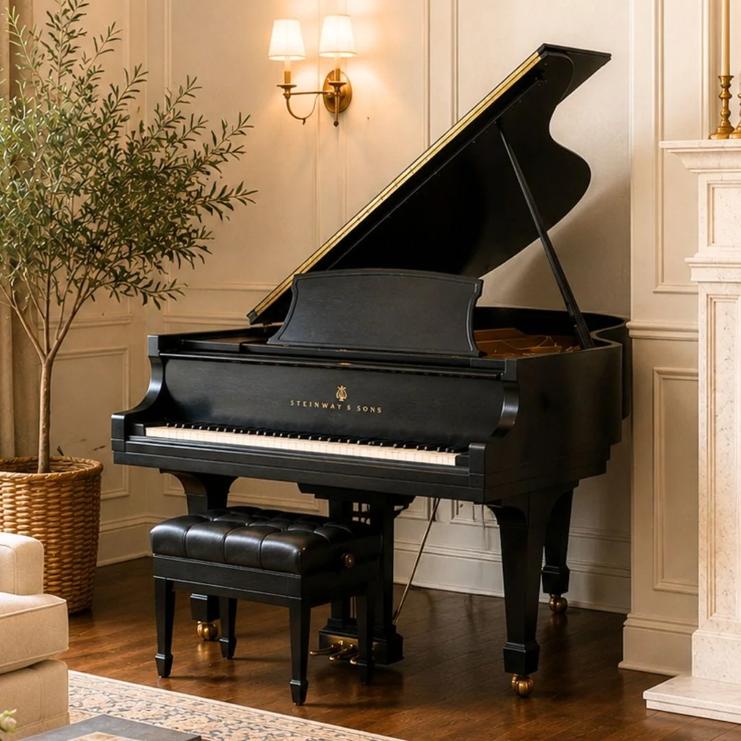 The restored Steinway Model M grand in satin ebony, shown in a styled room setting